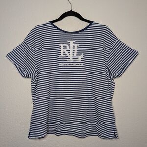 Lauren Ralph Lauren Black Label Striped Blue White Coastal Nautical Logo Tee L